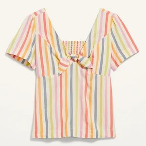 Short-Sleece Knotted Striped Blouse